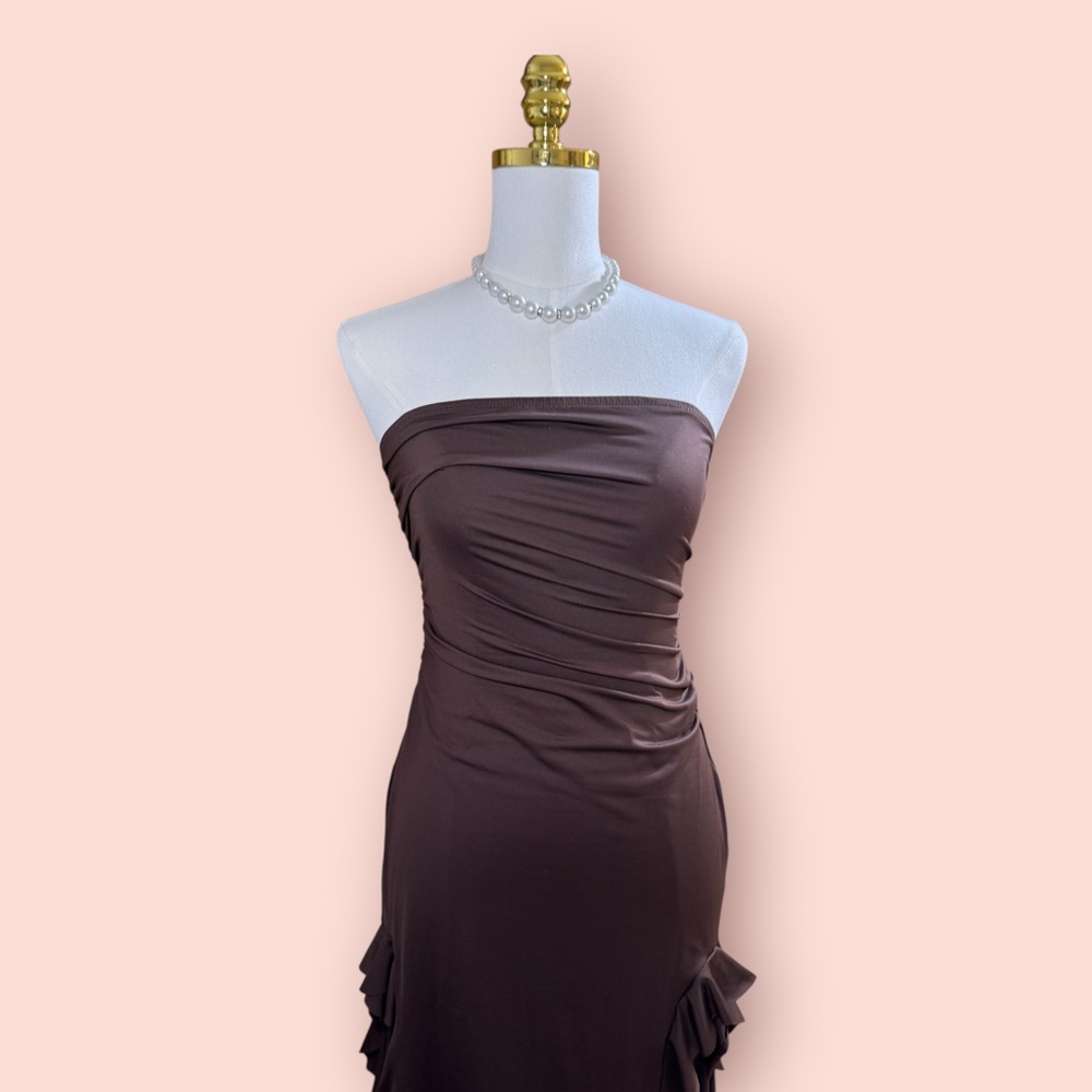 Amazon Gray Ruched Ruffled Strapless Maxi Dress